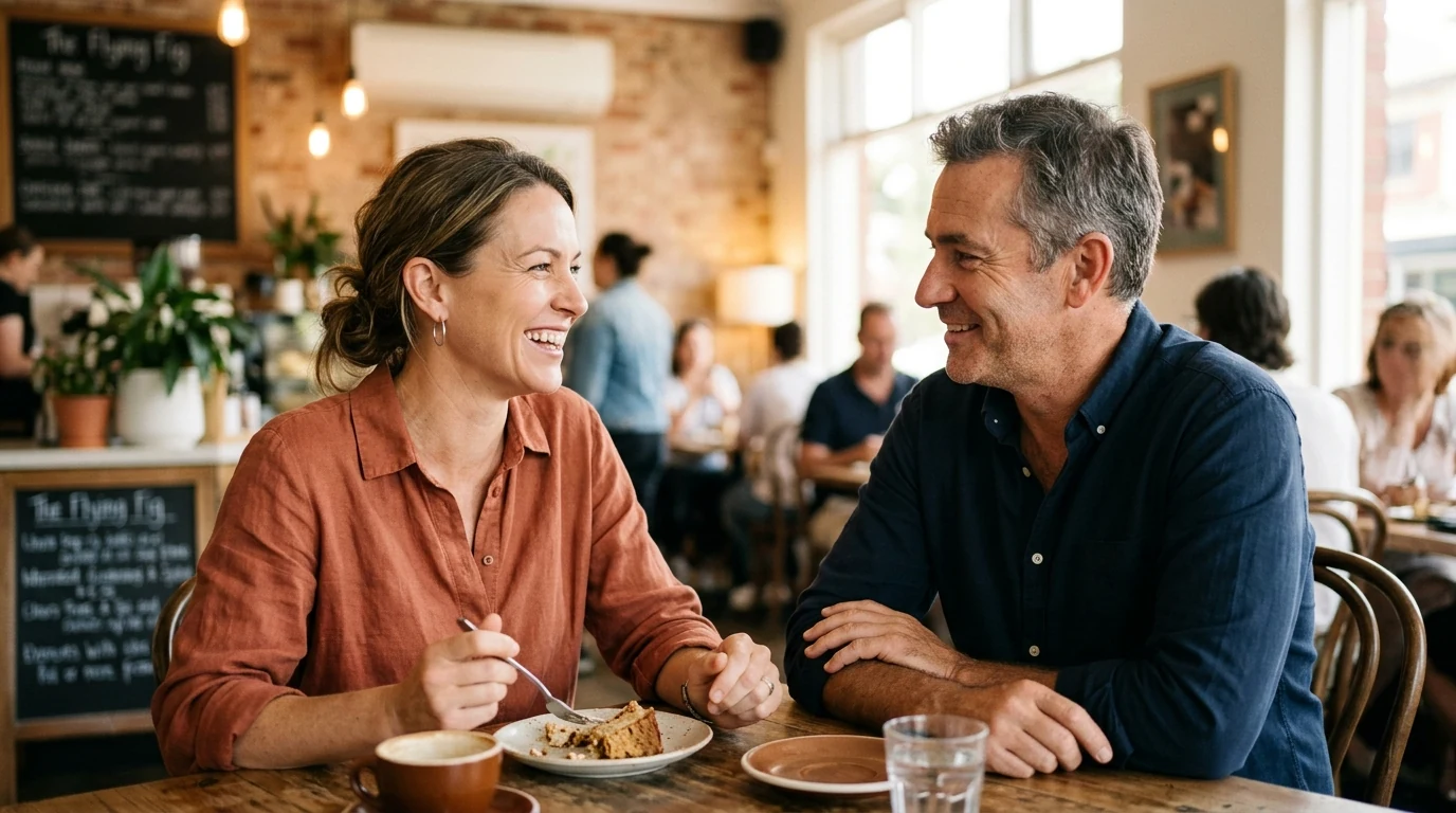 Couple enjoying a relaxed first date at a bright cafe in North Adelaide in Adelaide in the afternoon