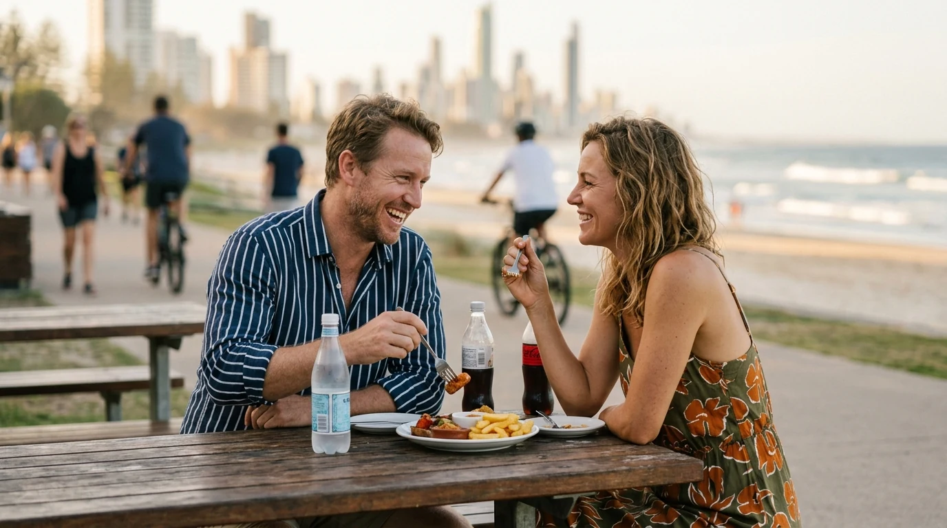 Couple sharing food on a date on the Oceanway path along the beach on the Gold Coast in the afternoon