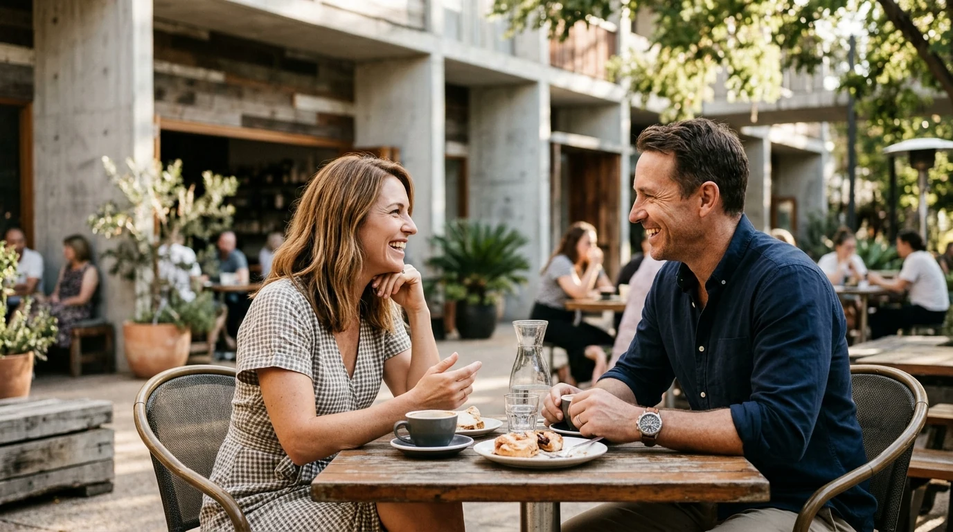 Couple enjoying a relaxed first date at a courtyard in NewActon in Canberra on a mild day