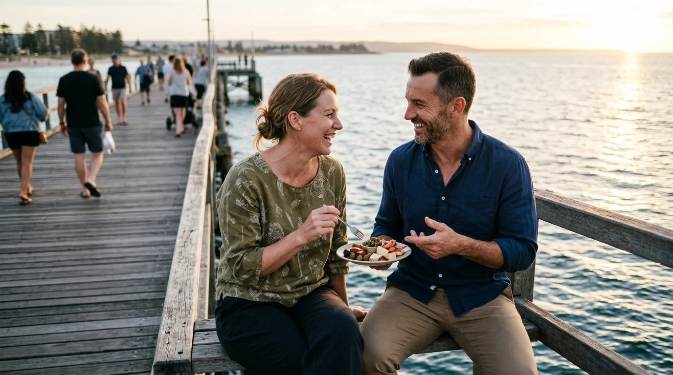 Couple sharing food on a date on the jetty at Glenelg in Adelaide in the afternoon