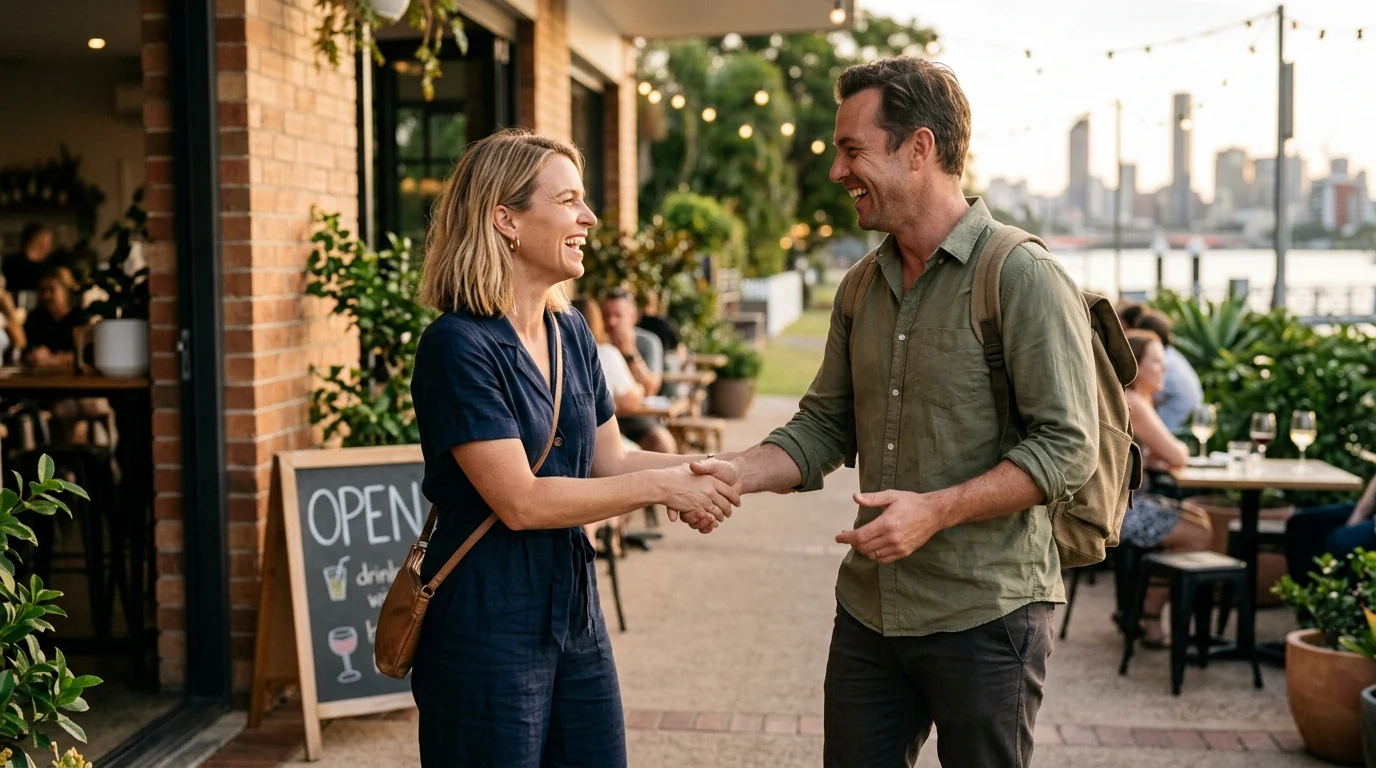 Two people meeting for the first time at a bright cafe in Bulimba in Brisbane at golden hour