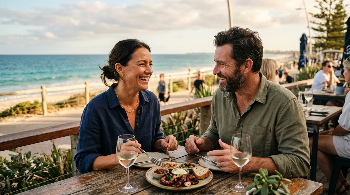 Couple sharing food on a date on the coastal path near Scarborough in Perth in the afternoon