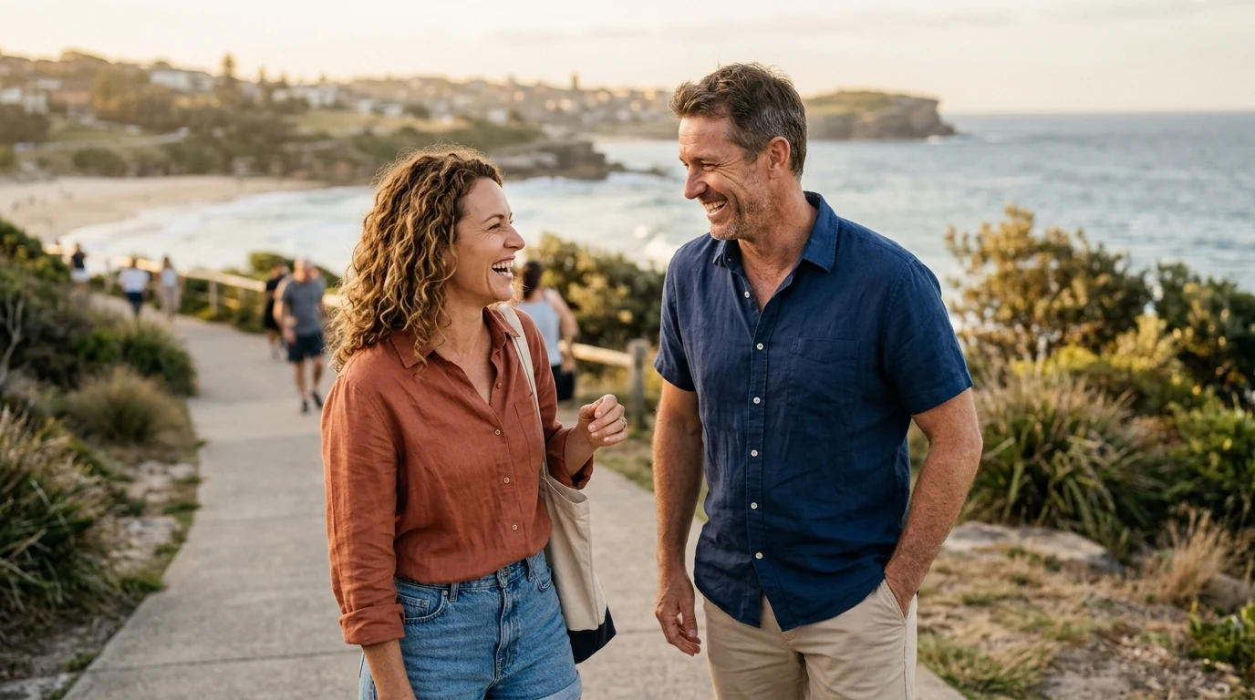 Two people meeting for the first time on a path above the beach in Sydney in the afternoon
