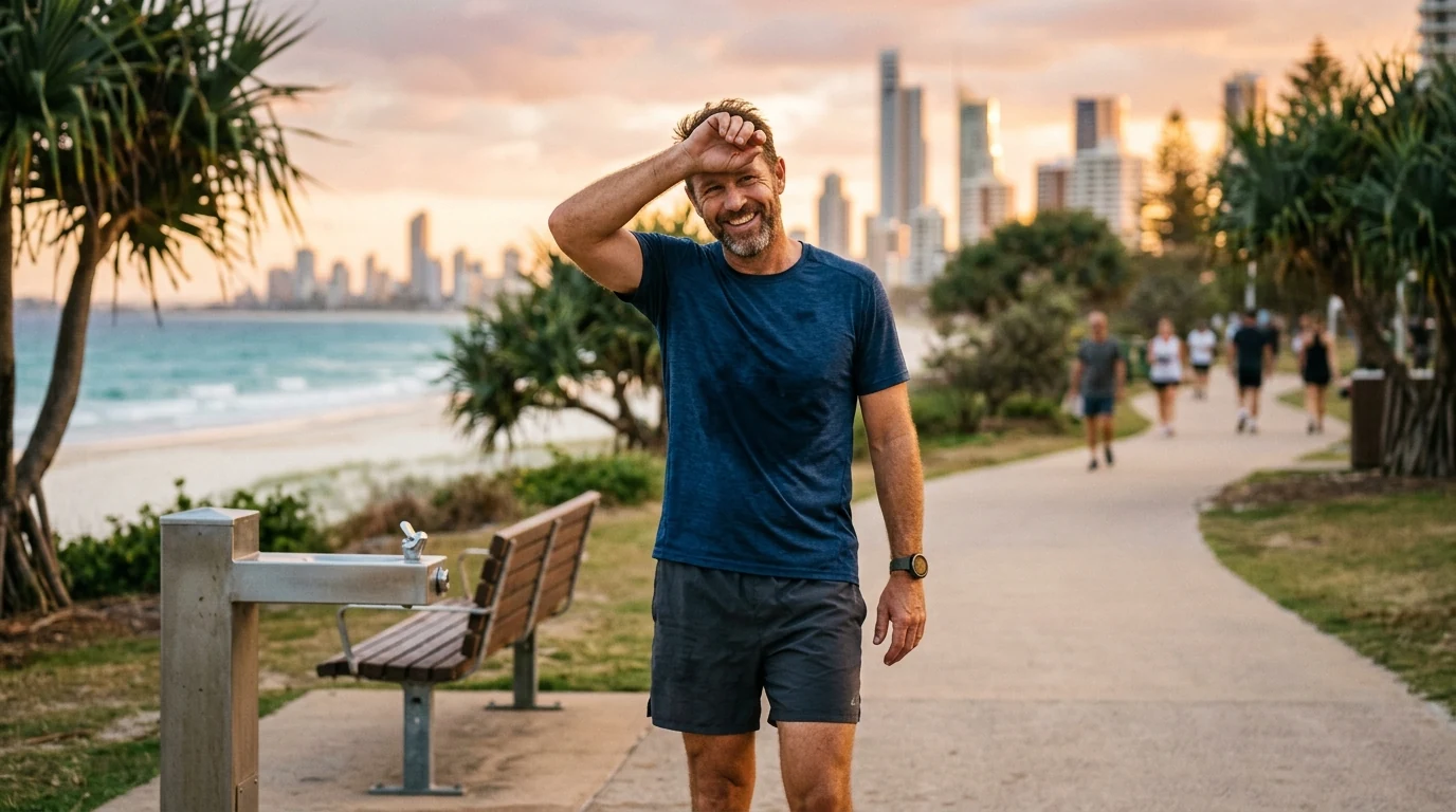 Man relaxed after a run on the Oceanway path along the beach on the Gold Coast at golden hour