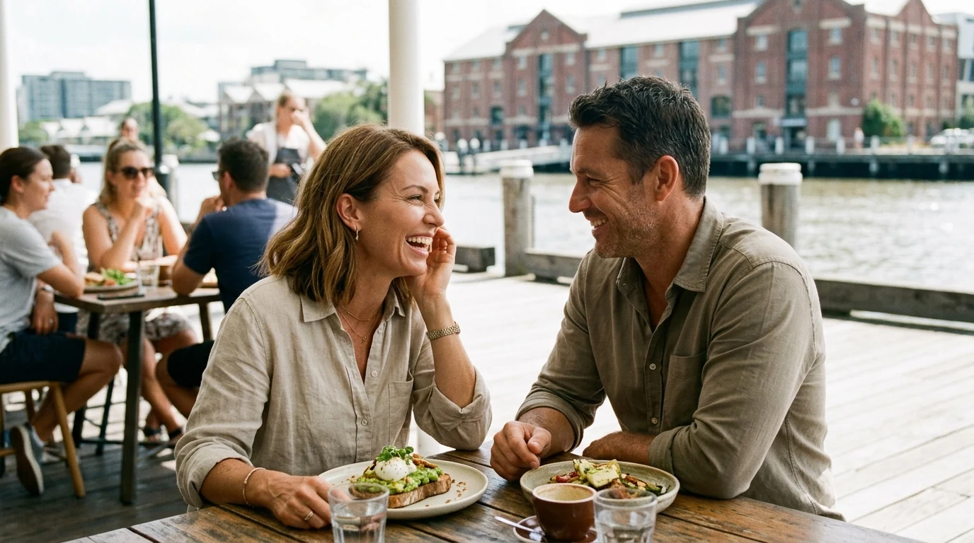 Couple laughing over brunch on the boardwalk at Teneriffe in Brisbane at midday