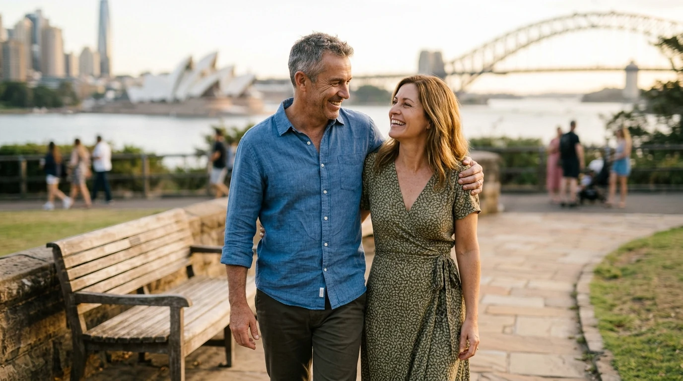 Couple in their forties walking together at a park bench above the harbour in Sydney on a mild day