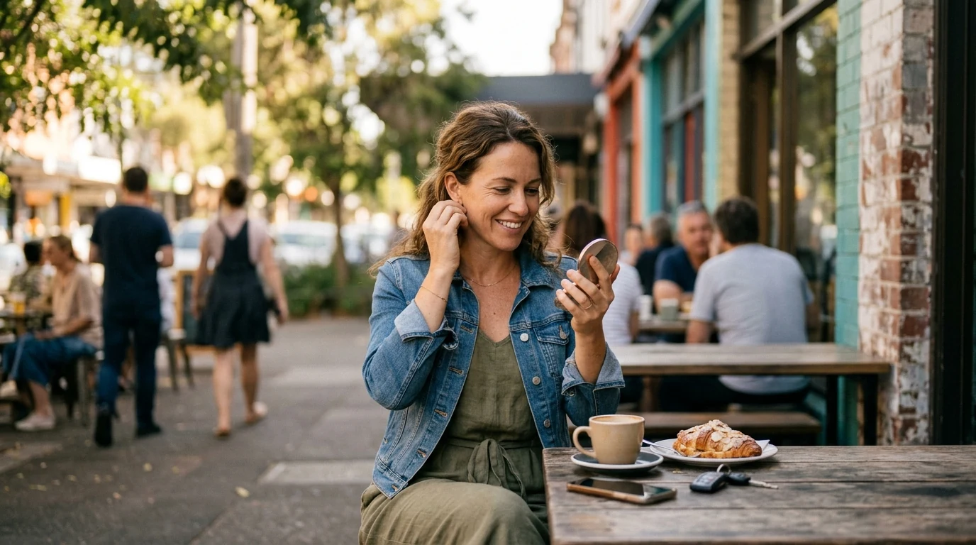 Woman getting ready to go out at an outdoor table in Newtown in Sydney in the morning