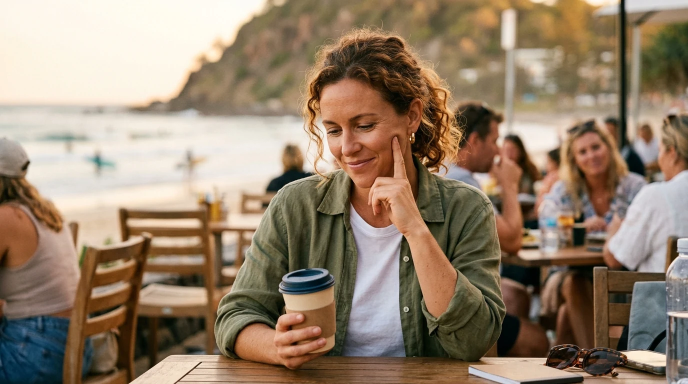 Woman smiling at her phone over coffee at a beachfront cafe at Burleigh Heads on the Gold Coast at golden hour