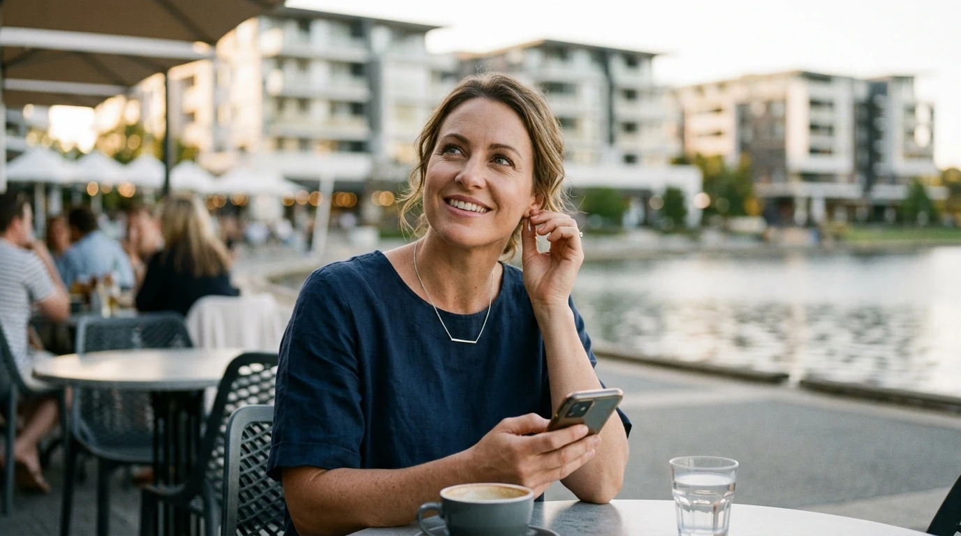 Woman getting ready to go out at an outdoor table at Kingston Foreshore in Canberra in the afternoon
