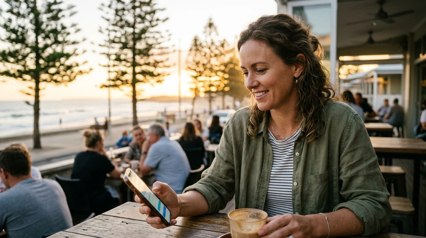 Woman smiling at her phone over coffee at a beachside cafe at Cottesloe in Perth at golden hour