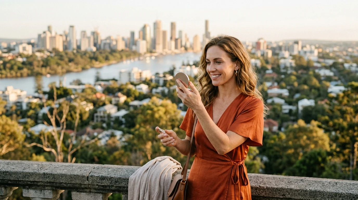 Woman getting ready to go out at a lookout over the city from Mount Coot-tha in Brisbane in the morning