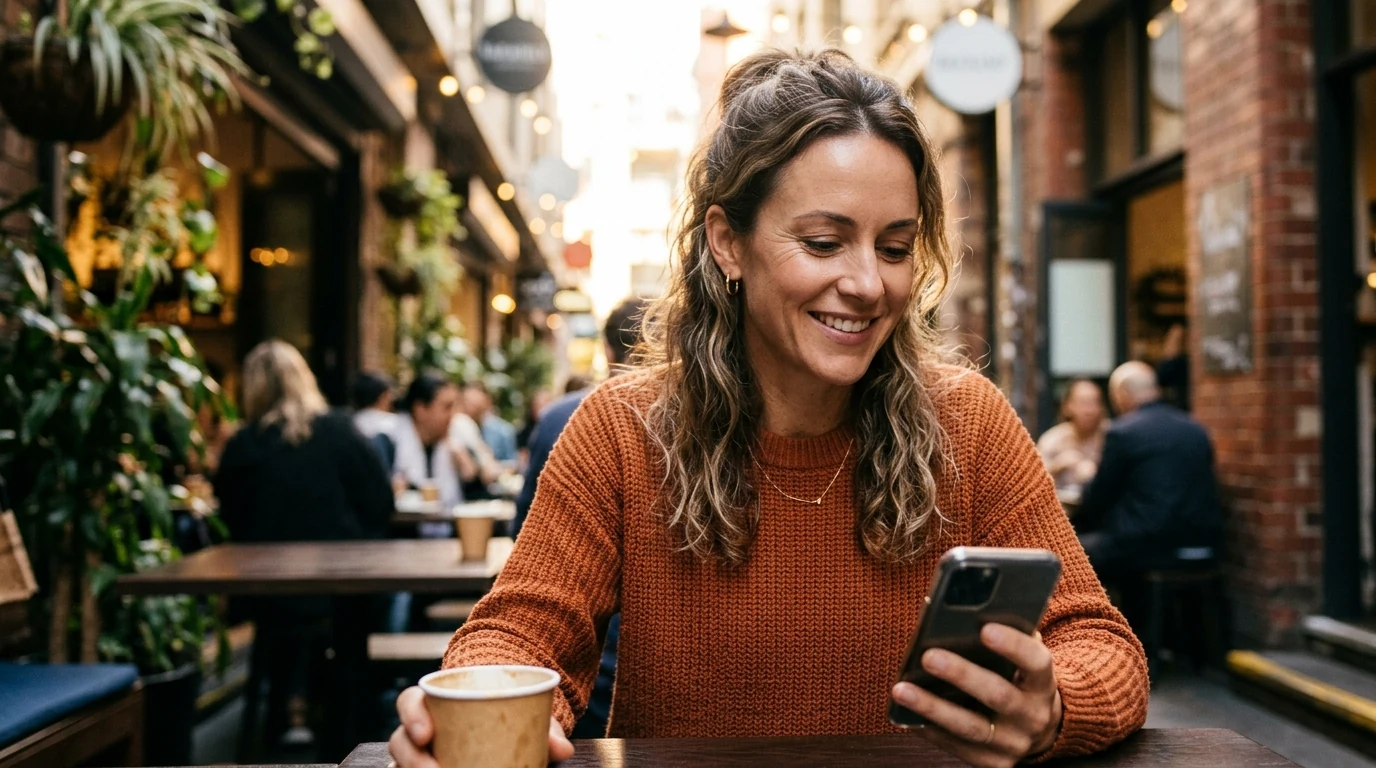 Woman smiling at her phone over coffee at a laneway cafe with hanging plants in Melbourne in the afternoon