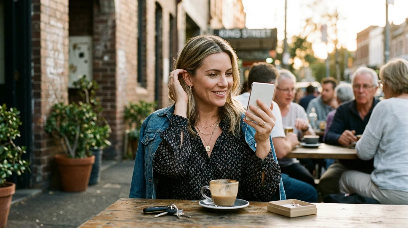 Woman getting ready to go out at an outdoor table in Newtown in Sydney at golden hour