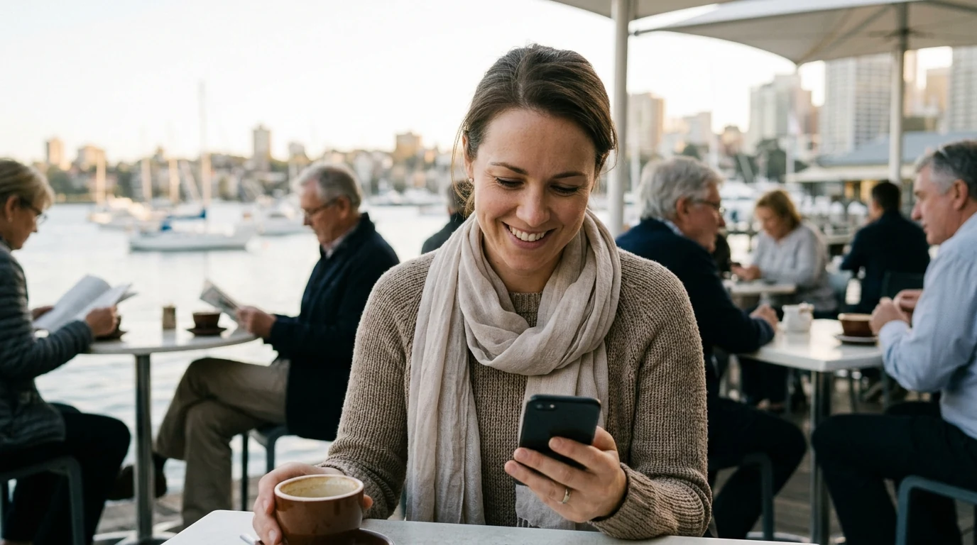 Woman smiling at her phone over coffee at a harbourside cafe by the water in Sydney in the morning