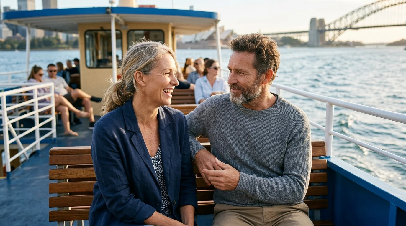 Couple talking on a bench on the deck of a harbour ferry in Sydney on a mild day