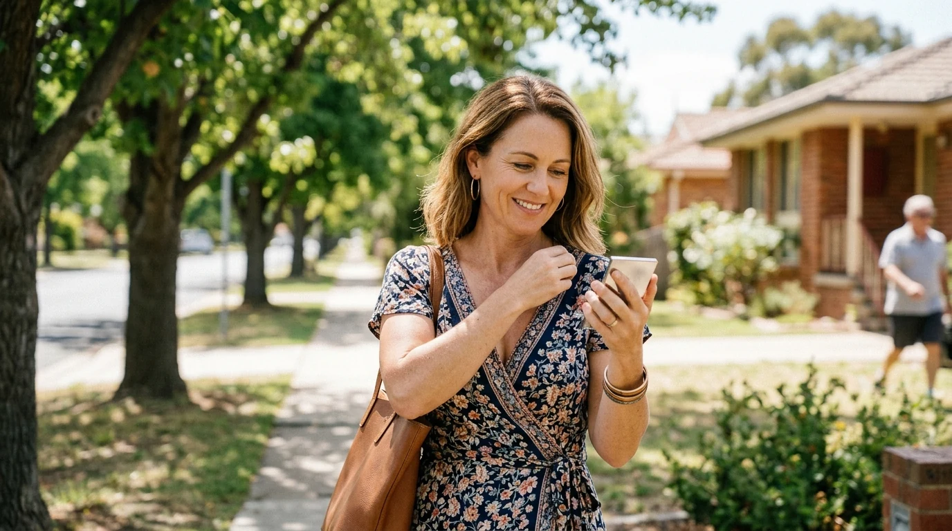 Woman getting ready to go out on a leafy street in Gungahlin in Canberra at midday