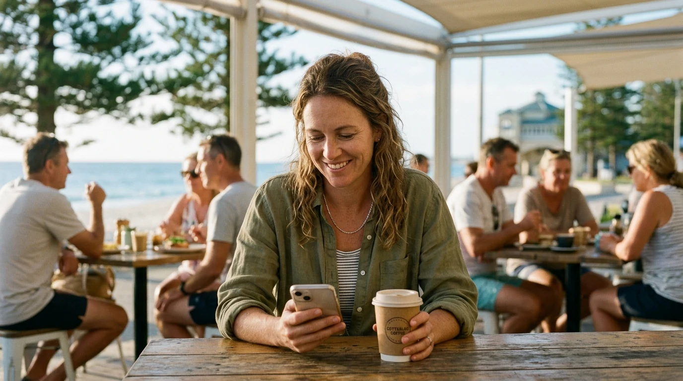 Woman smiling at her phone over coffee at a beachside cafe at Cottesloe in Perth in the morning