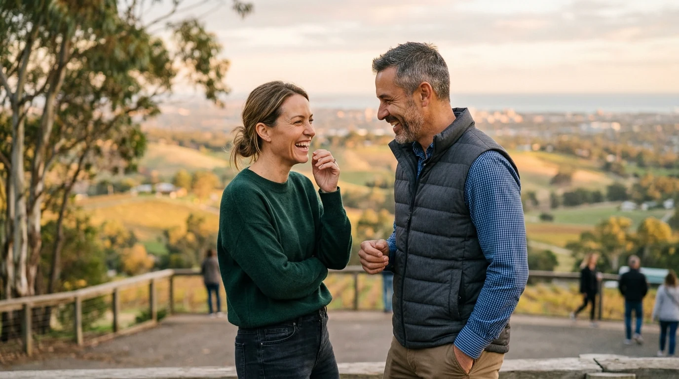 Two people meeting for the first time at a lookout over the Adelaide Hills in Adelaide in the morning
