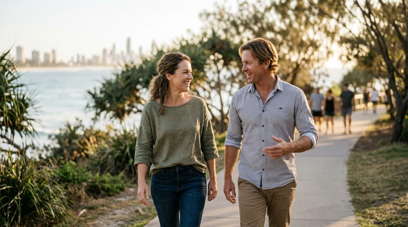 Couple enjoying a relaxed first date on the headland walk at Burleigh on the Gold Coast in the afternoon