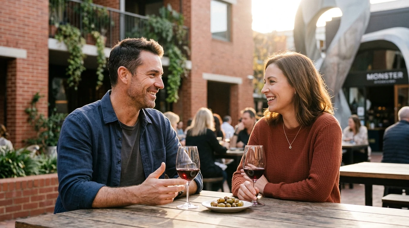 Couple enjoying a relaxed first date at a courtyard in NewActon in Canberra in the afternoon