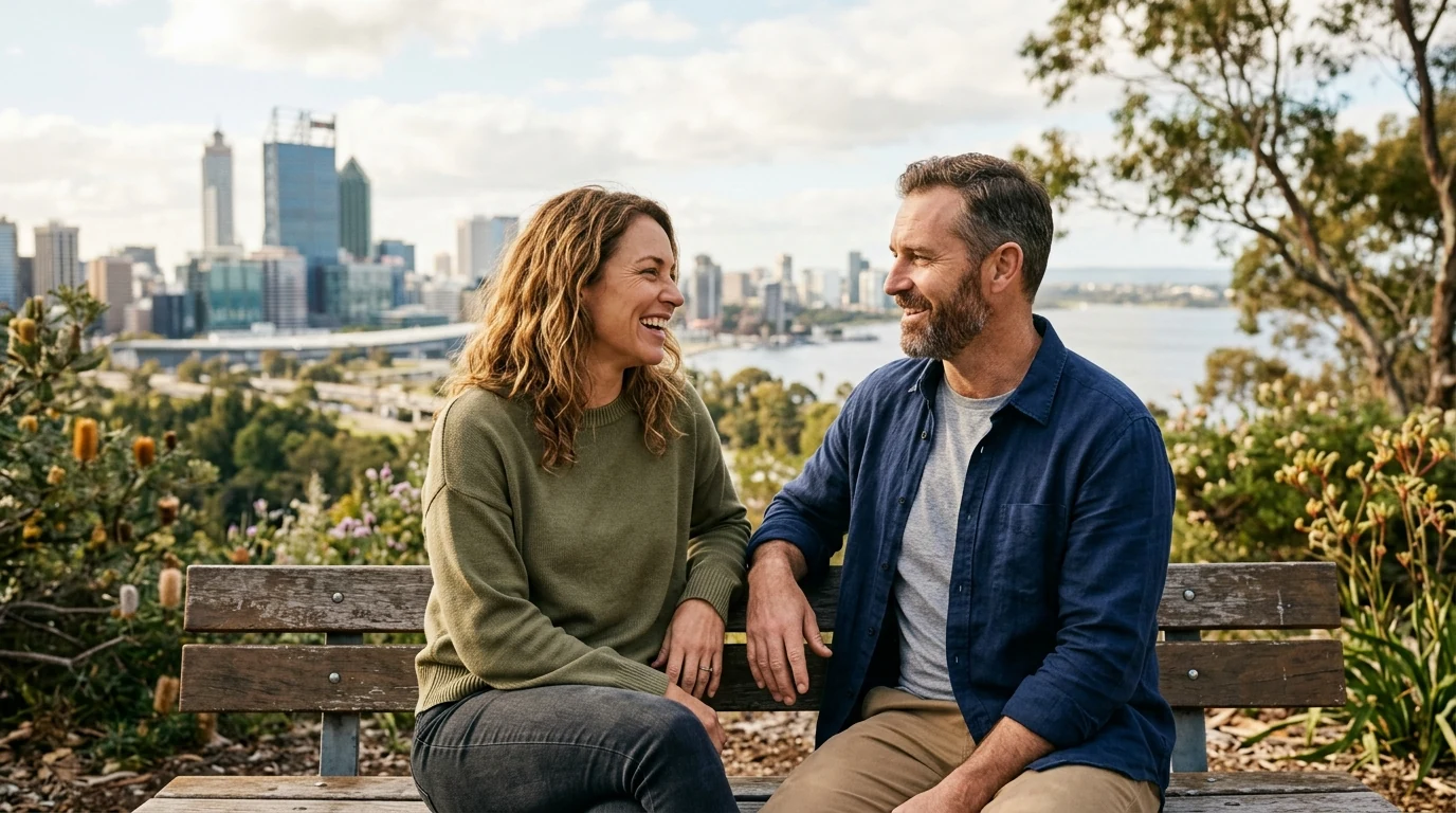 Couple talking on a bench at a lookout in Kings Park in Perth on a mild day