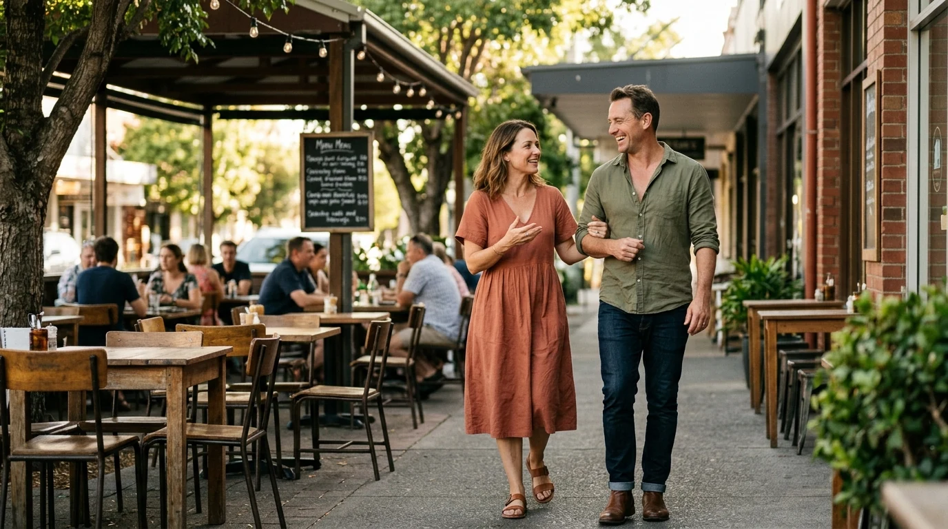 Couple in their forties walking together at an outdoor table in West End in Brisbane in the afternoon