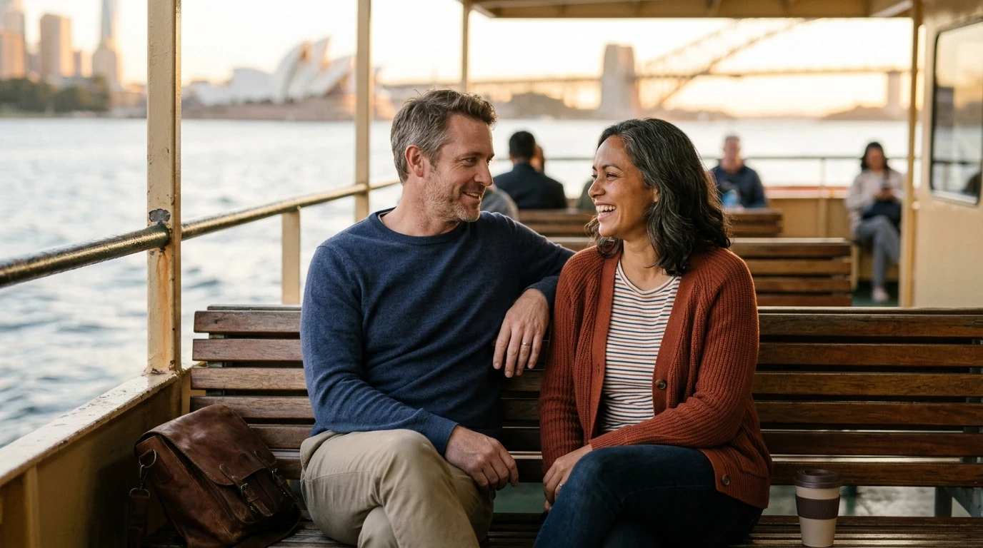 Couple talking on a bench on the deck of a harbour ferry in Sydney in the morning