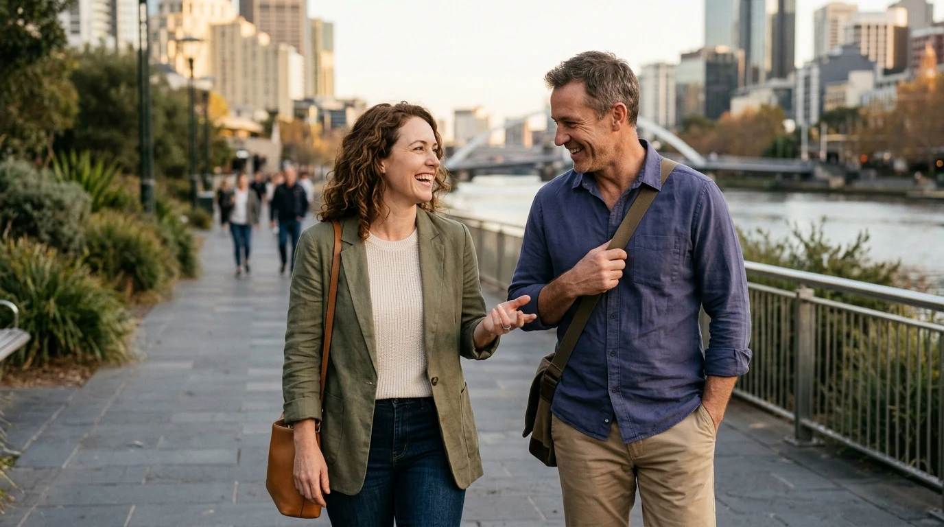 Couple walking and talking together on a riverside walk along the Yarra in Melbourne at golden hour