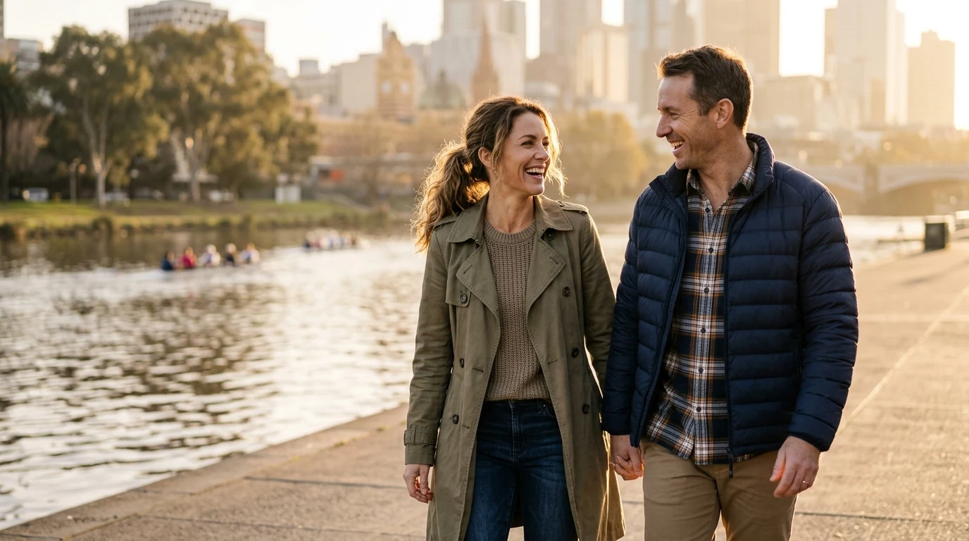 Couple walking and talking together on a riverside walk along the Yarra in Melbourne in the morning