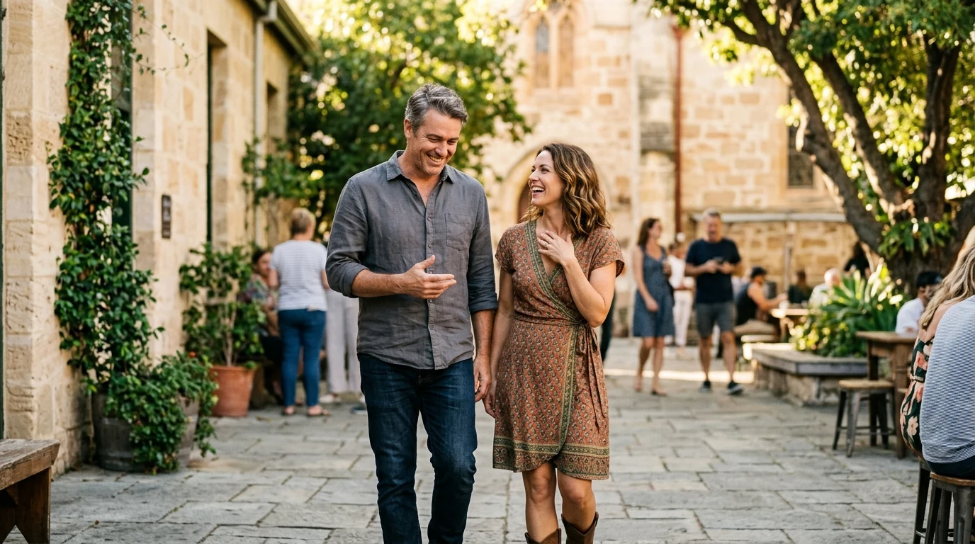 Couple in their forties walking together at a courtyard in Fremantle in Perth in the afternoon