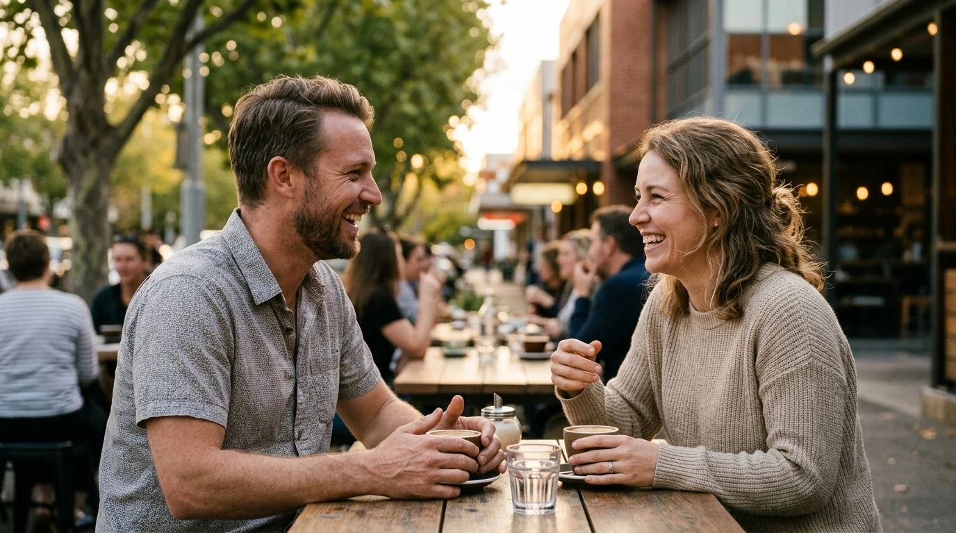 Couple laughing over coffee at a cafe in Braddon in Canberra at golden hour