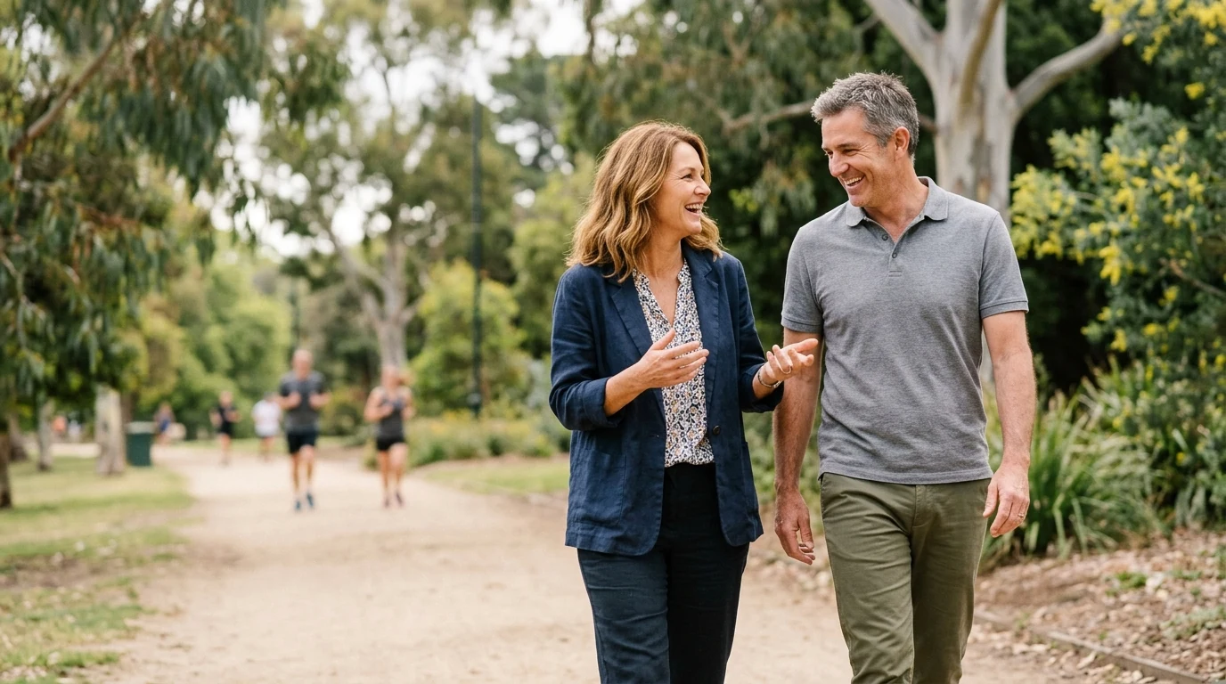 Couple in their forties walking together on the Tan track beside the Botanic Gardens in Melbourne on a mild day
