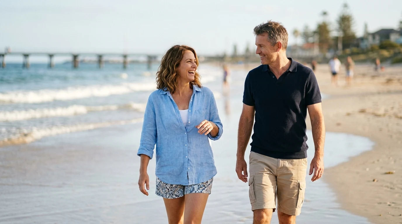 Couple walking and talking together on a beach walk at Henley in Adelaide in the morning