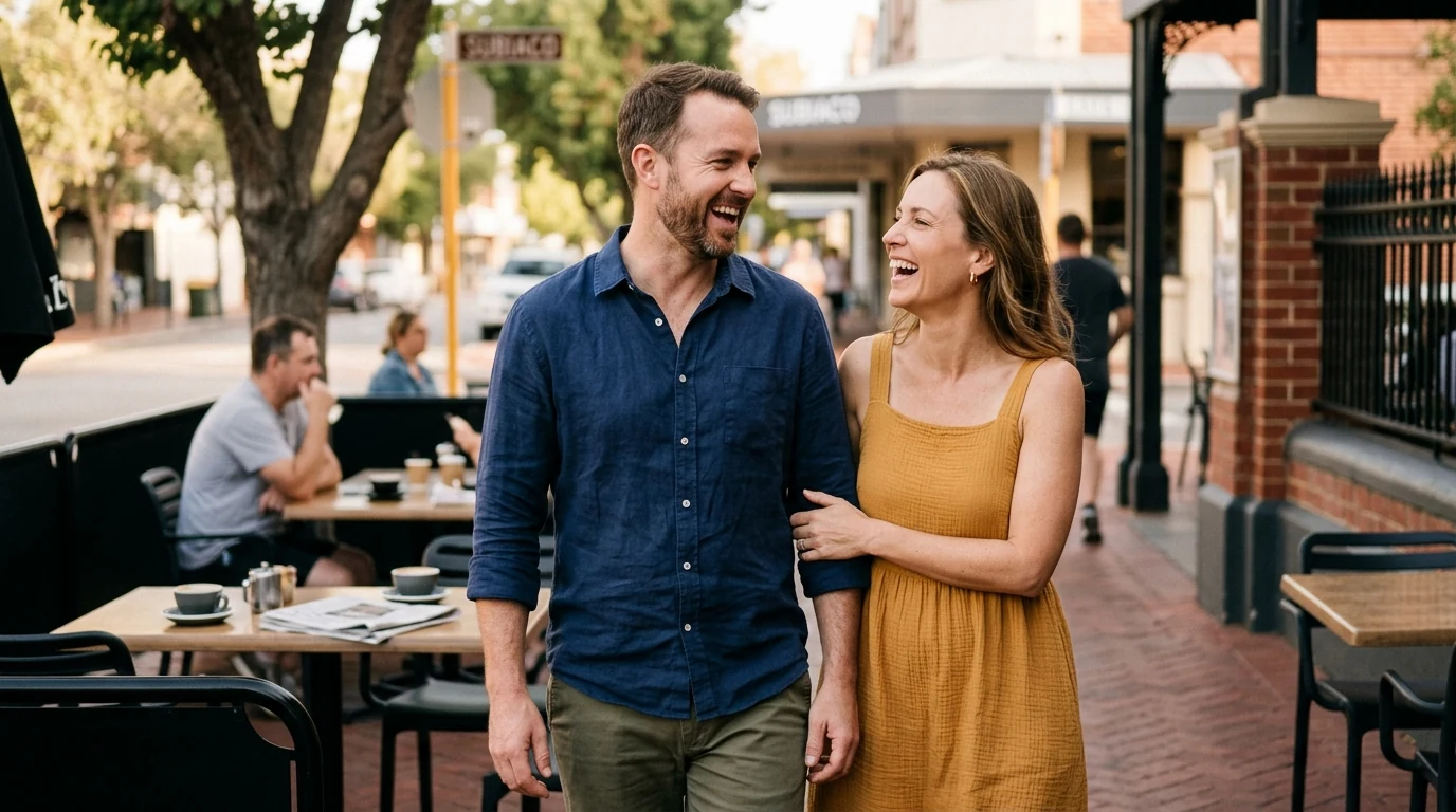 Couple walking and talking together at an outdoor table in Subiaco in Perth in the morning