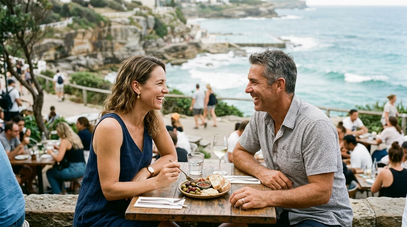 Couple sharing food on a date on the coastal walk between Bondi and Bronte in Sydney on a mild day