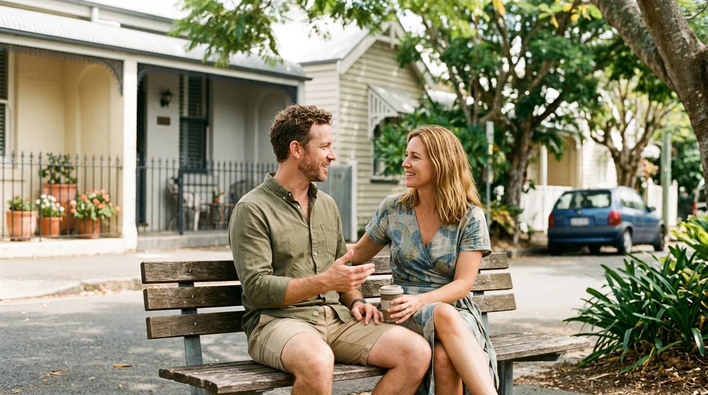 Couple talking on a bench on a leafy street in Paddington in Brisbane at midday