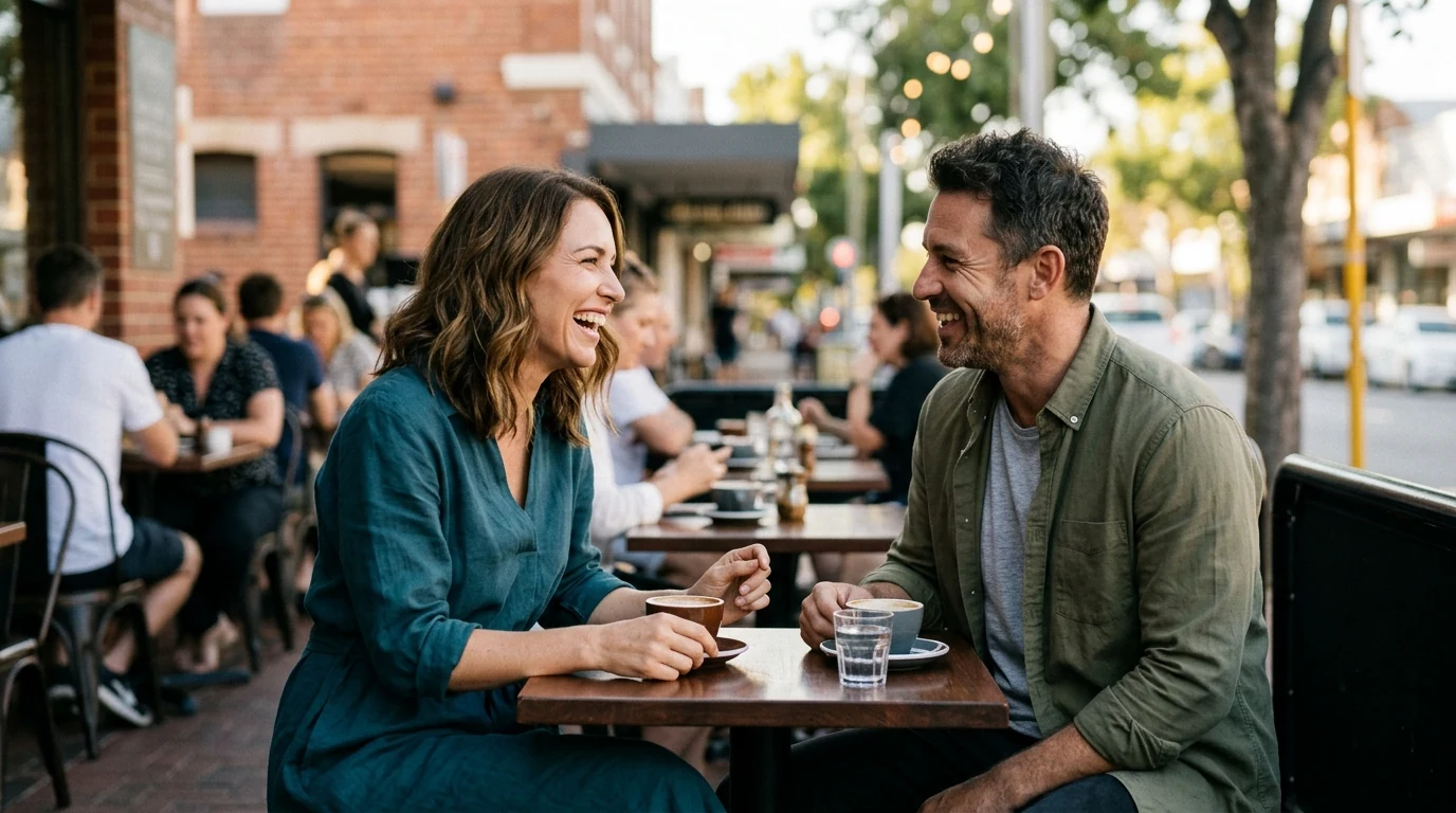 Couple enjoying a relaxed first date at a cafe strip in Leederville in Perth in the afternoon
