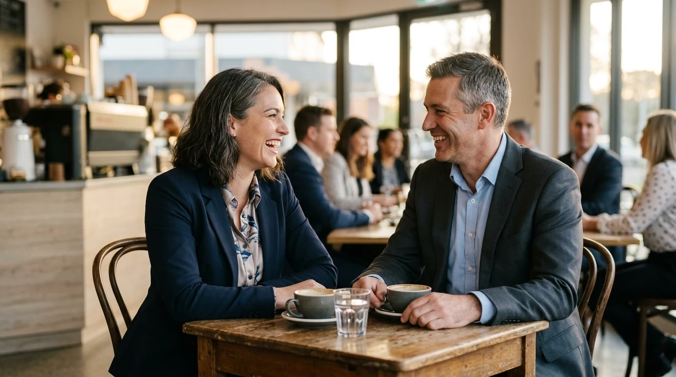 Two people meeting for the first time at a bright cafe in Woden in Canberra in the morning