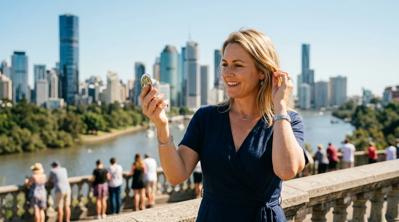 Woman getting ready to go out at a lookout over the city from Mount Coot-tha in Brisbane at midday
