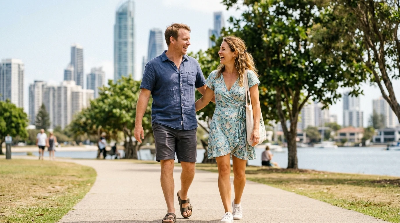 Couple walking and talking together at a park with the skyline behind them on the Gold Coast at midday