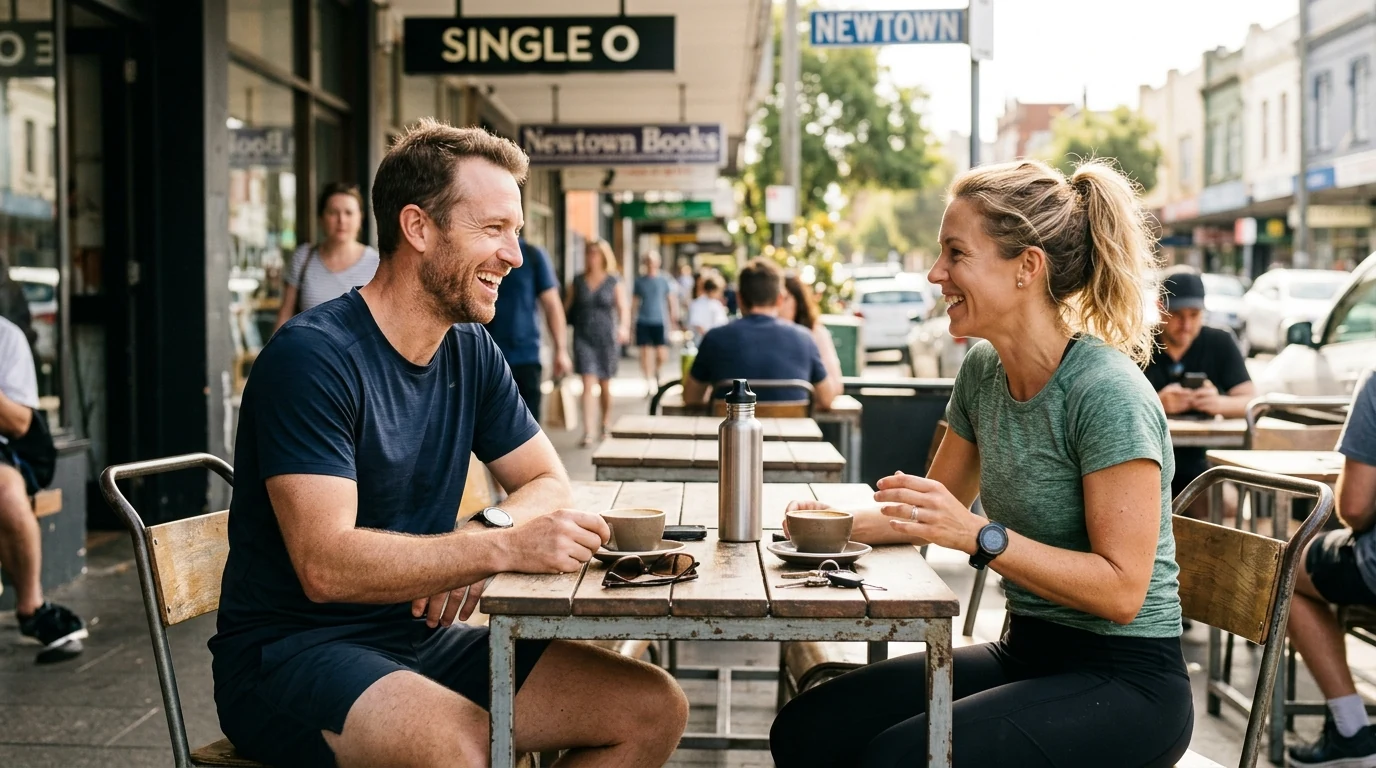 Active couple stopping for coffee at an outdoor table in Newtown in Sydney at midday