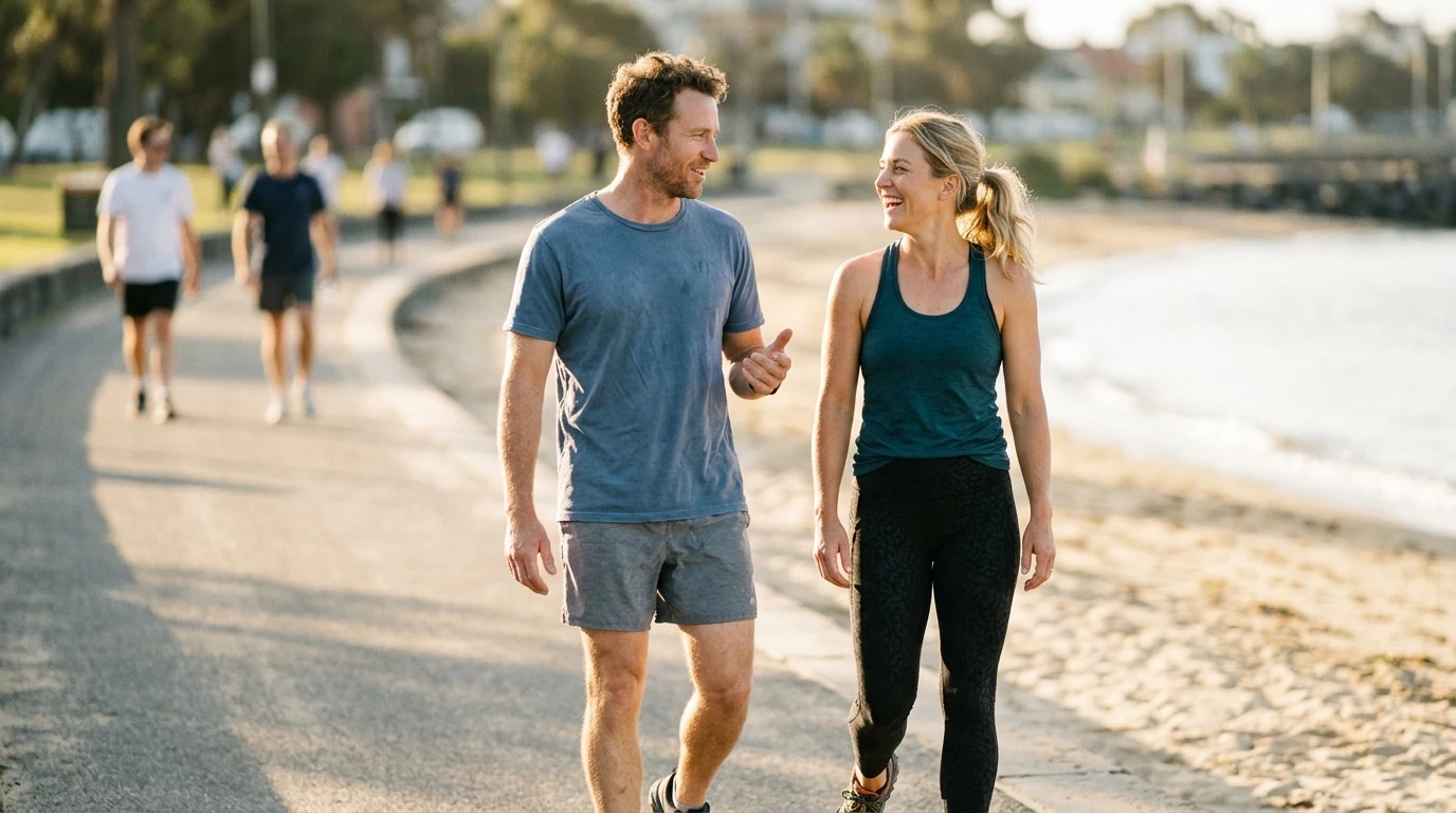 Couple finishing a walk together on a bayside path at Port Melbourne in Melbourne in the afternoon