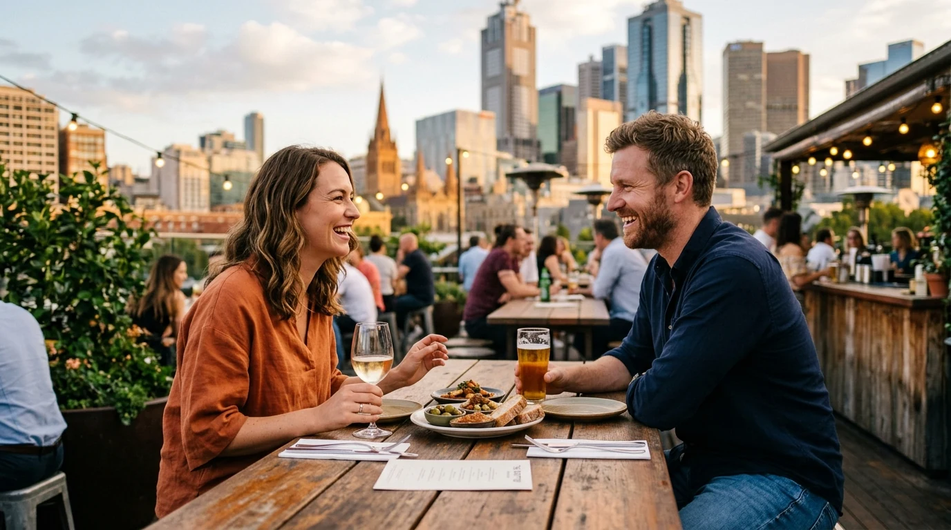 Couple sharing food on a date at a rooftop bar above the city in Melbourne in the afternoon