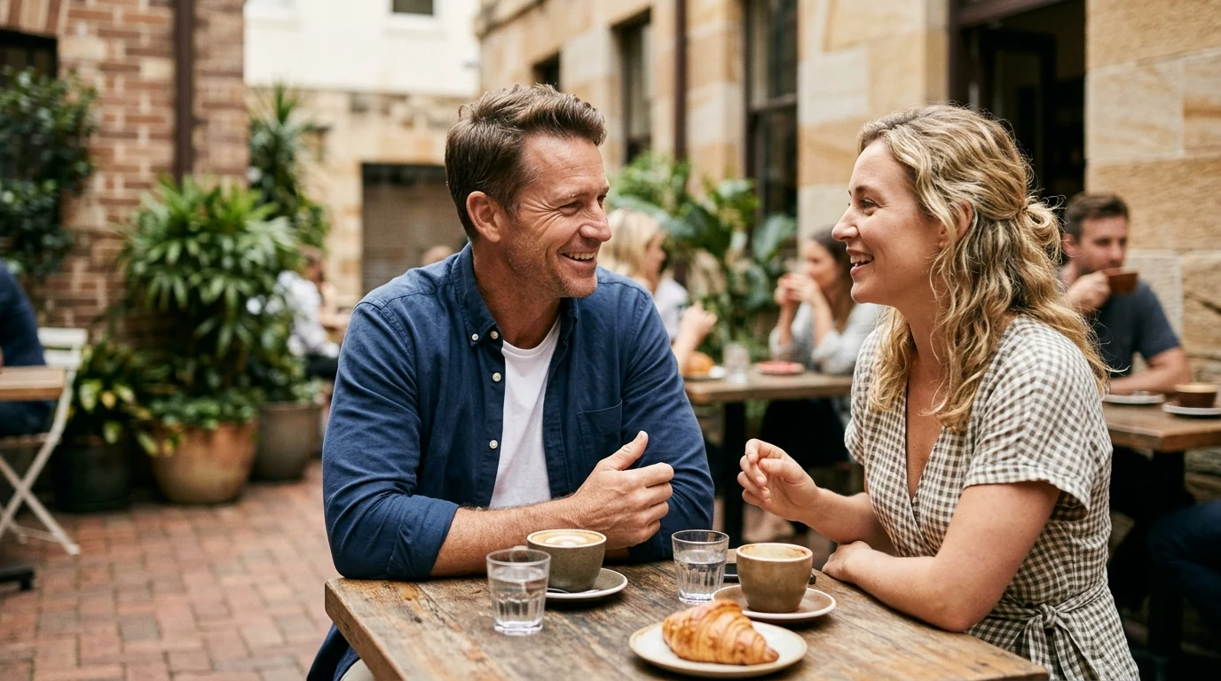 Couple enjoying a relaxed first date at a courtyard cafe in Surry Hills in Sydney at midday