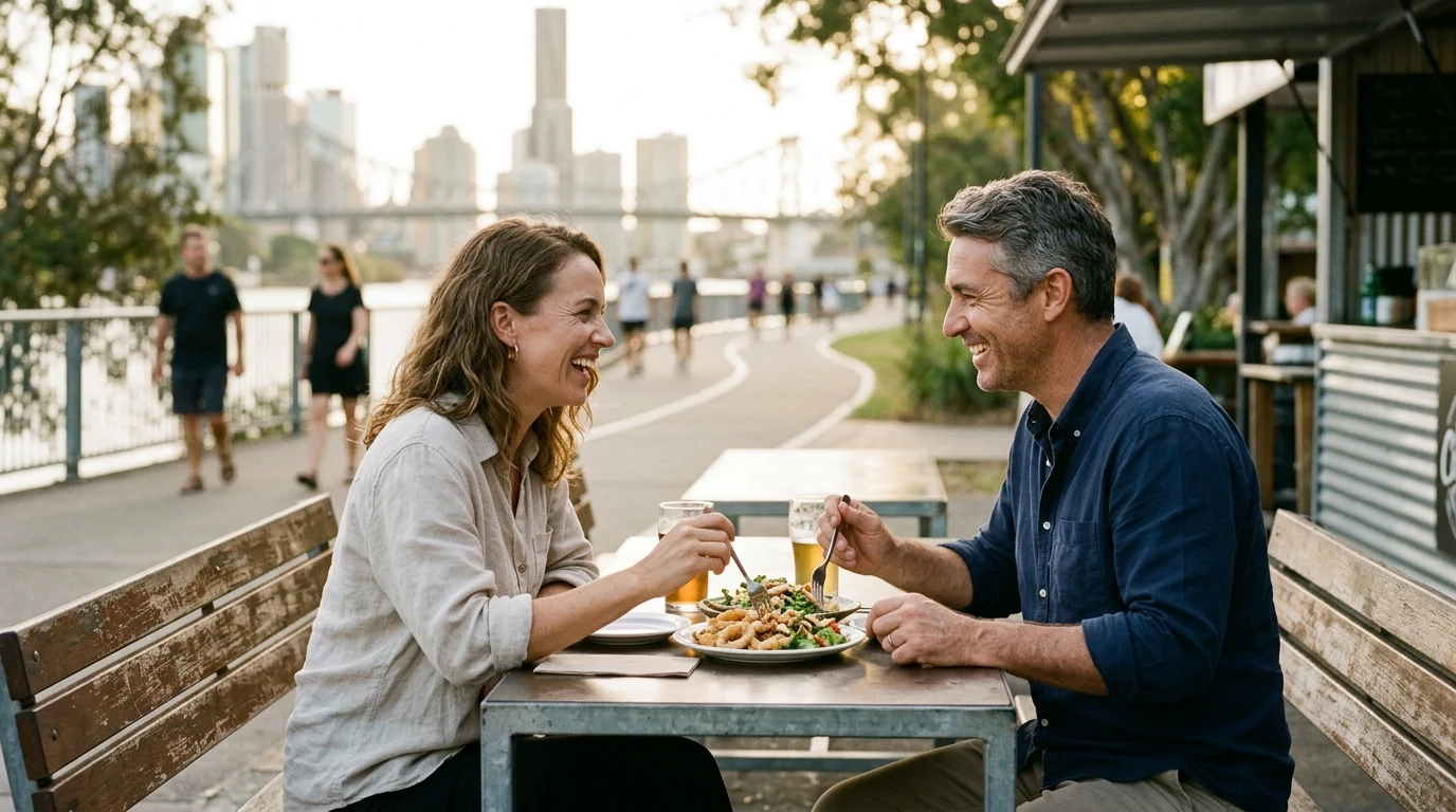 Couple sharing food on a date at the bikeway along the Brisbane River in Brisbane in the afternoon