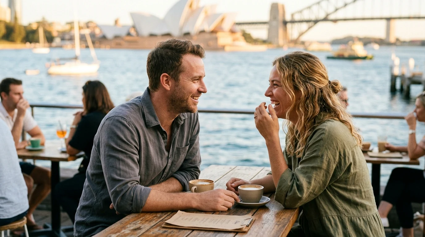 Couple laughing over coffee at a harbourside cafe by the water in Sydney at golden hour
