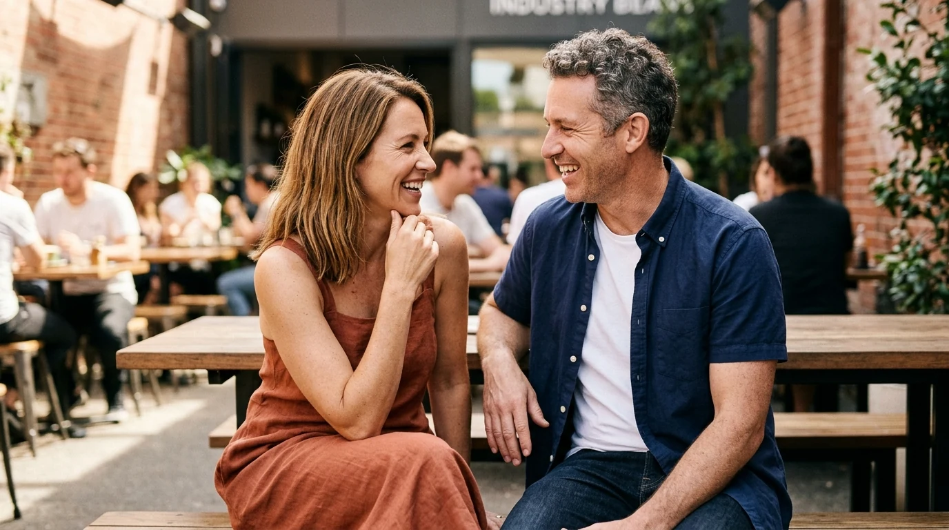 Couple talking on a bench at a brunch spot in Fitzroy in Melbourne at midday