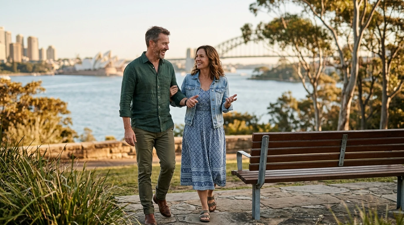 Couple in their forties walking together at a park bench above the harbour in Sydney in the afternoon