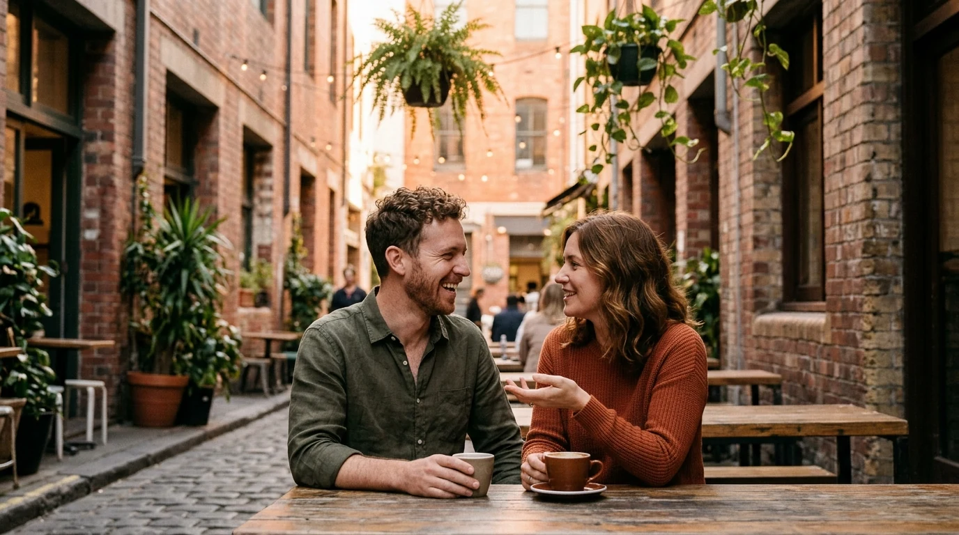 Couple laughing over coffee at a laneway cafe with hanging plants in Melbourne at golden hour