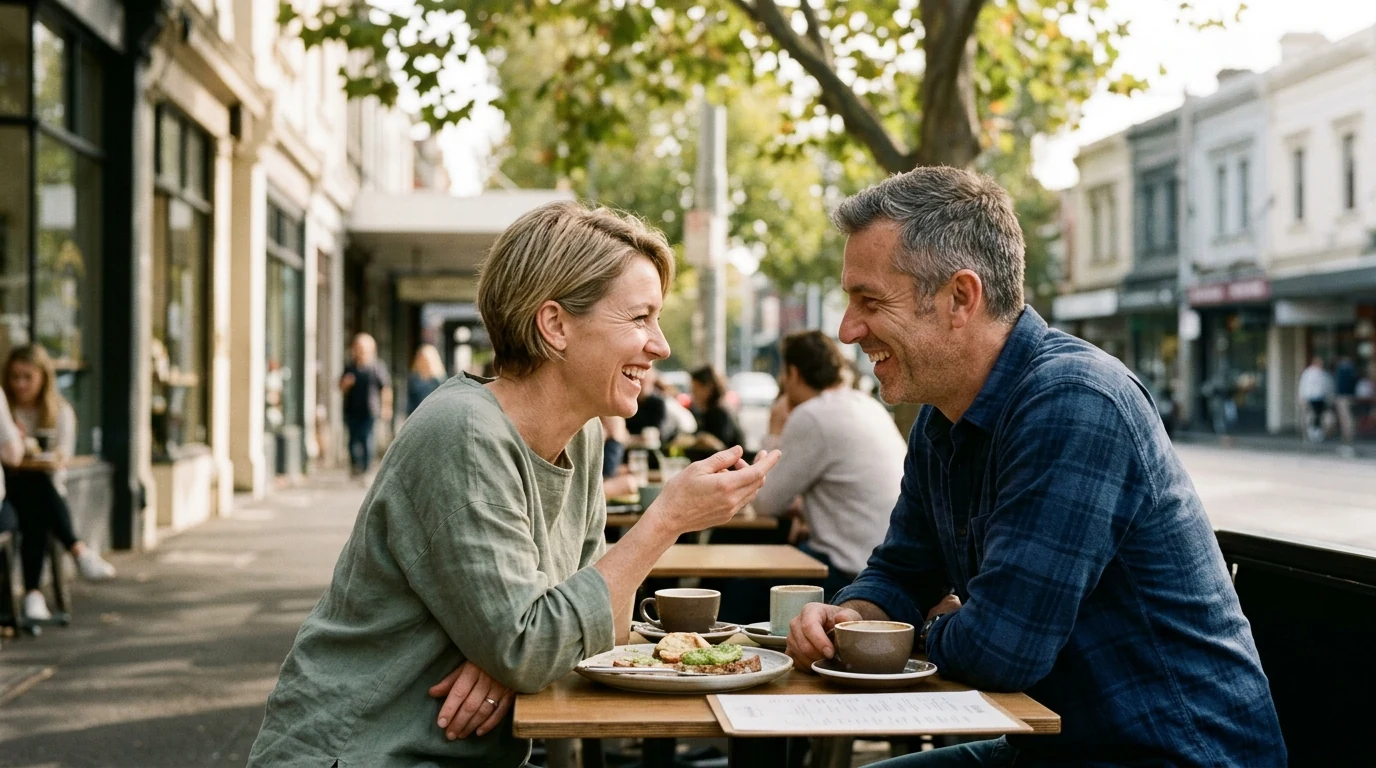 Couple laughing over brunch on a leafy street in South Yarra in Melbourne in the morning